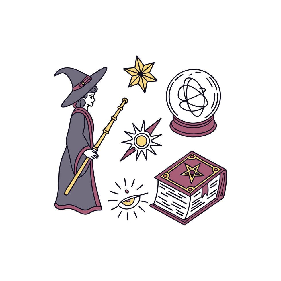 Witch with magic wand and books vector