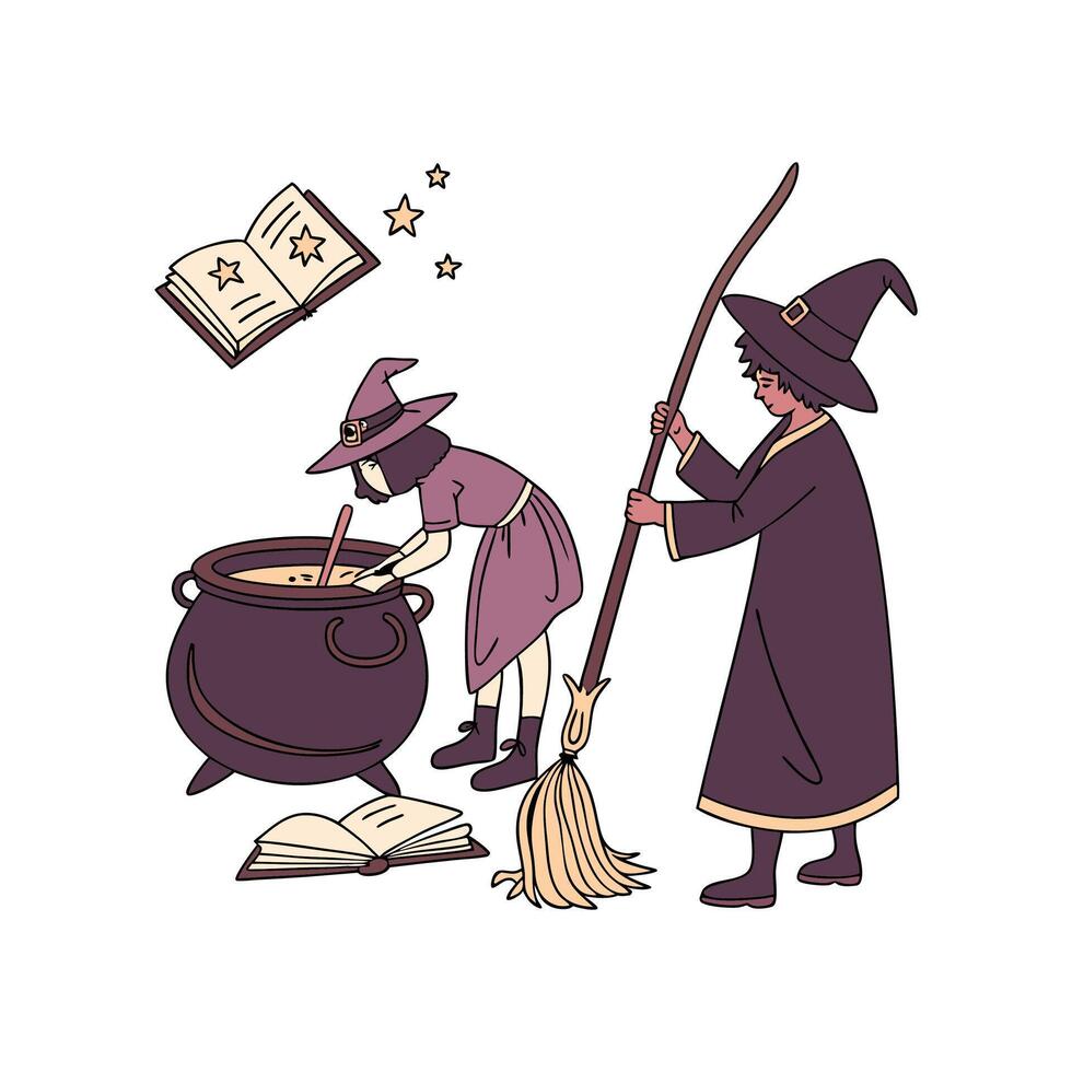 A cartoon witch and her broom are preparing a pot of magic potion vector