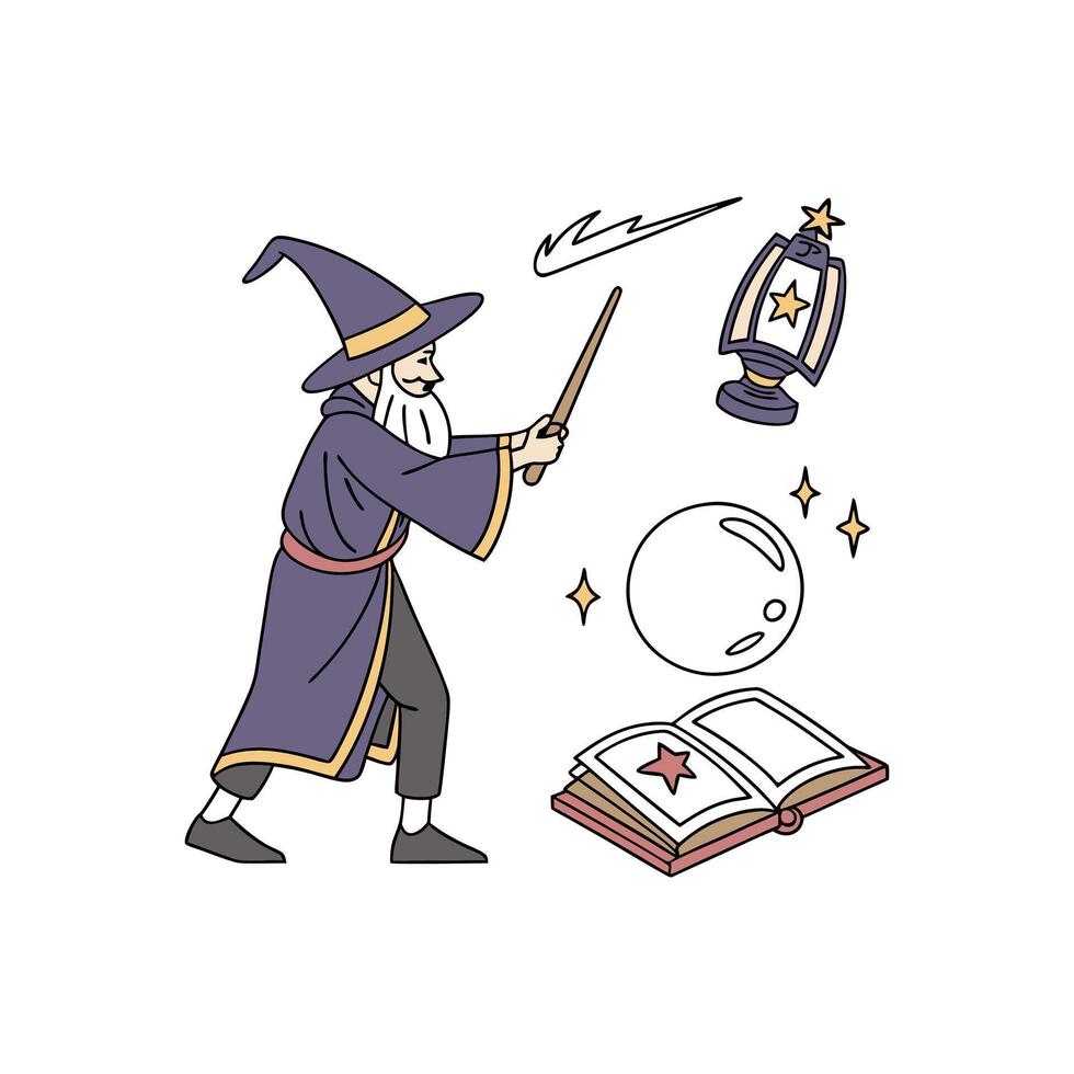 A wizard is holding a wand and a book vector