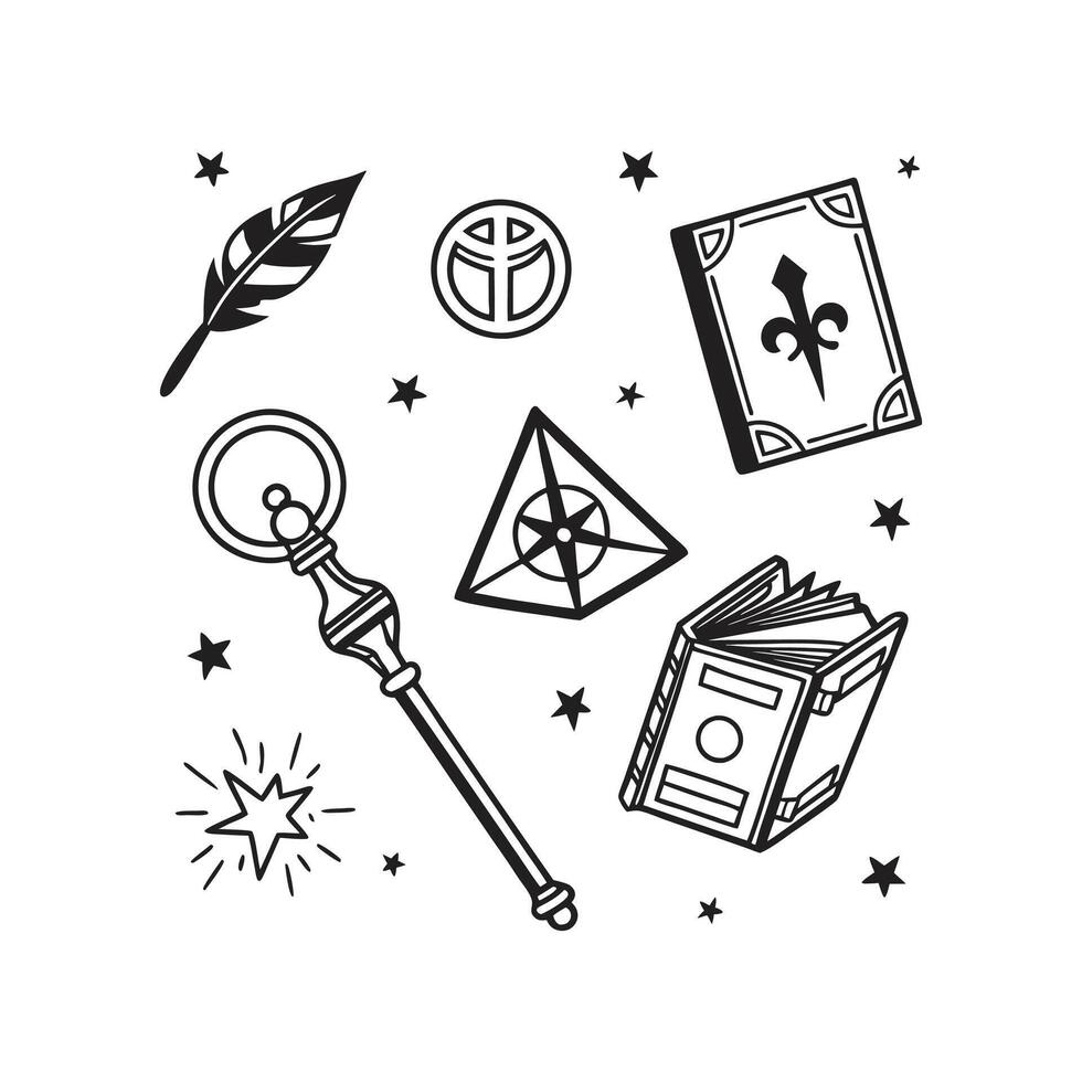 A black and white drawing of various items vector