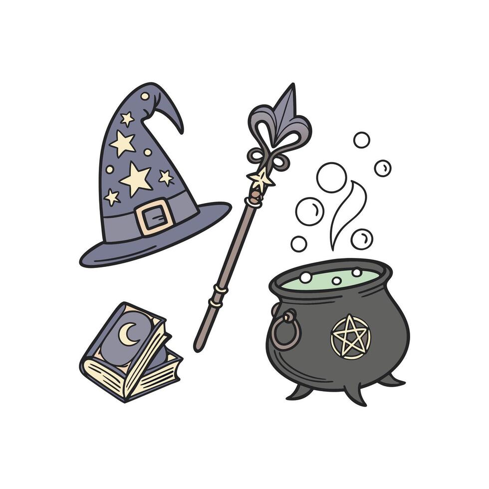 Halloween witch hat, cauldron, book and wand vector