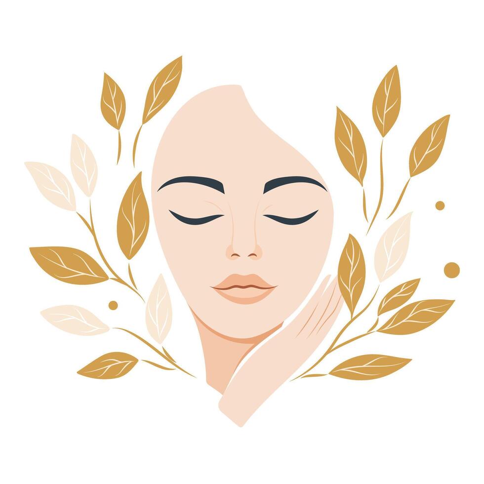 Logo for the beauty industry or facial massage, highlighting natural beauty. A minimalist female face with golden leaves symbolizes elegance, wellness, and care. . vector