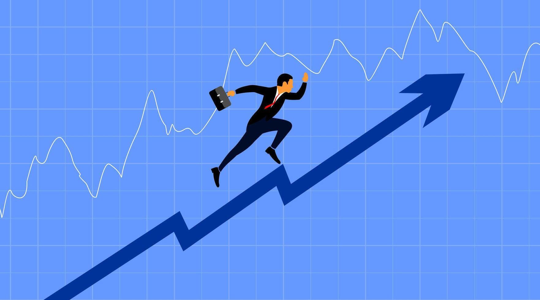 illustration of a businessman holding a briefcase and energetically running upward along a blue arrow. The arrow represents growth or success, positioned against a background of a financial chart. vector