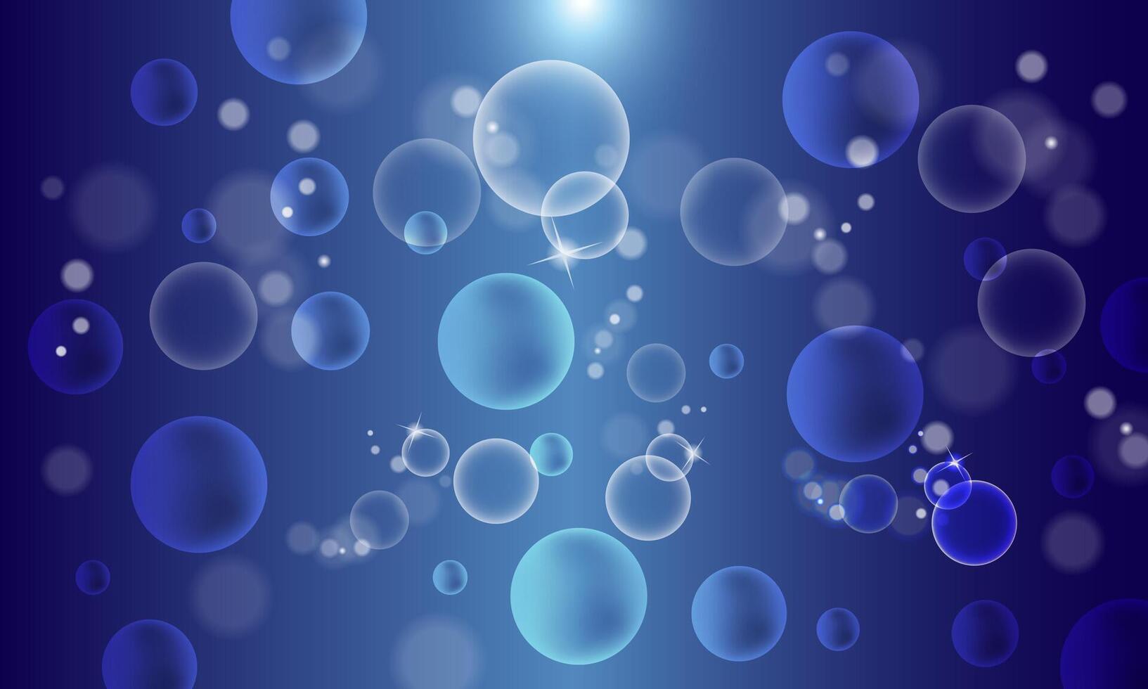 Bubbles in water on blue background . Circle and liquid, light design, clear soapy shiny. vector