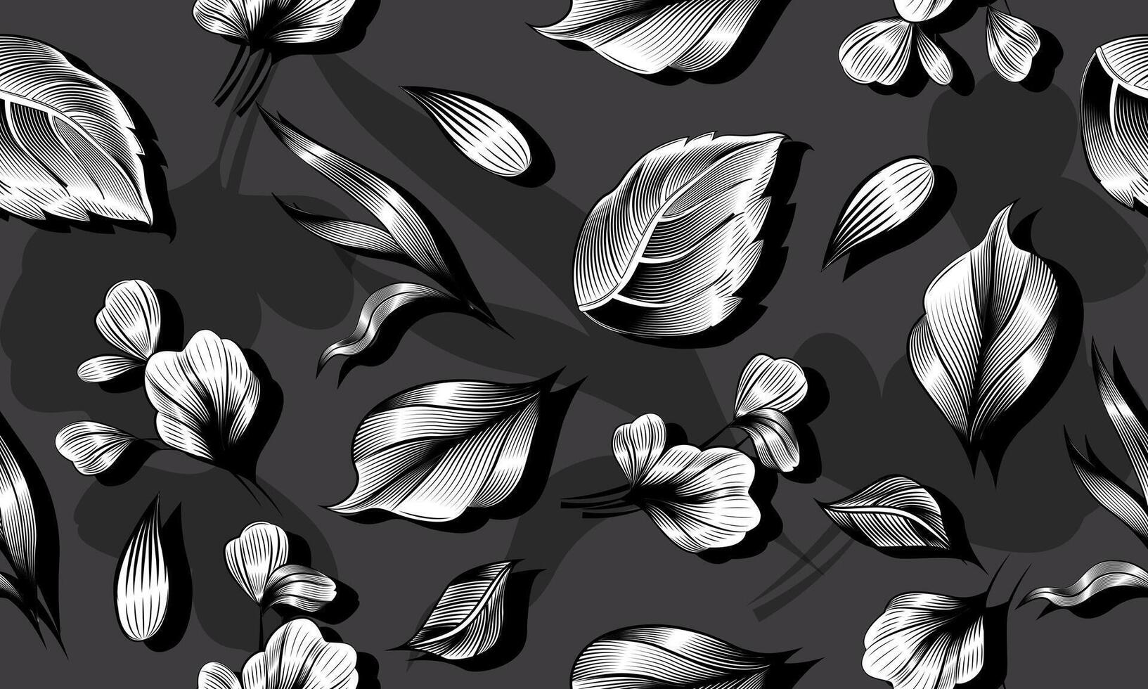 Luxury silver artistic natural leaves seamless pattern dark background. shiny flower art. vector