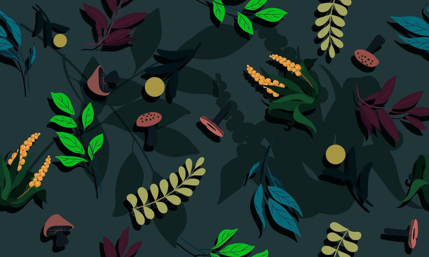 Tropical exotic floral line color palm leaves and flowers seamless pattern dark background. artistic nature art. vector
