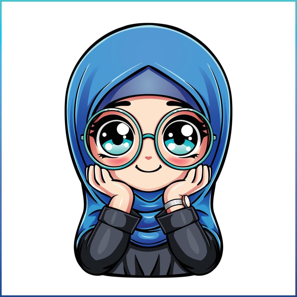 illustration of cute moeslim woman cartoon with blue hijab vector