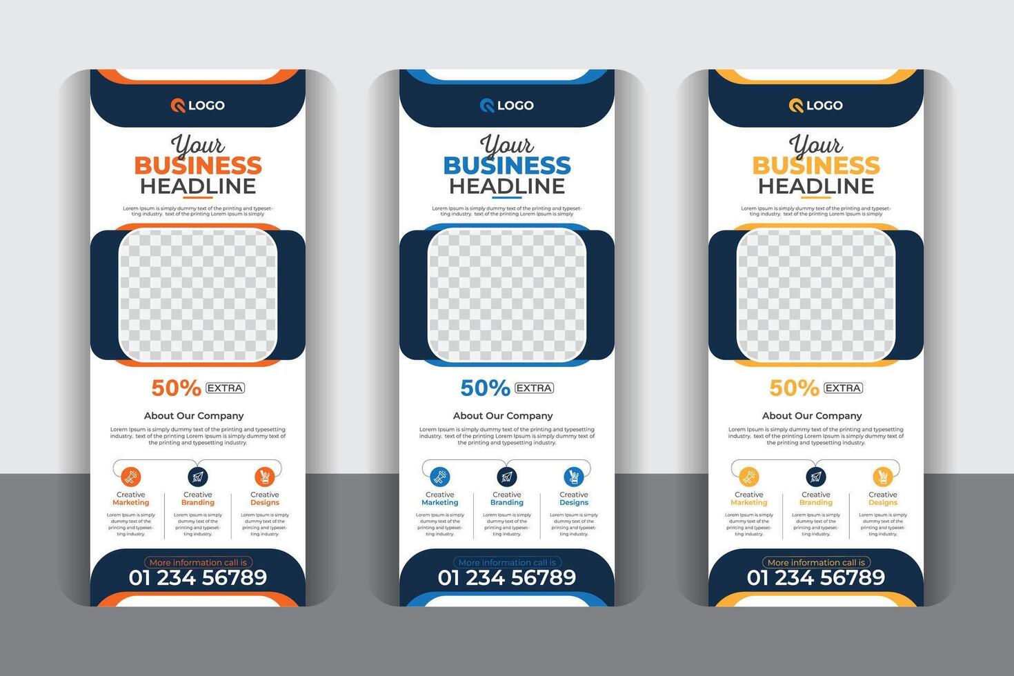 Modern and unique creative colorful Business roll up banner template set, pull up, display banner, x-banner , flag-banner design, with 3 color variation vector