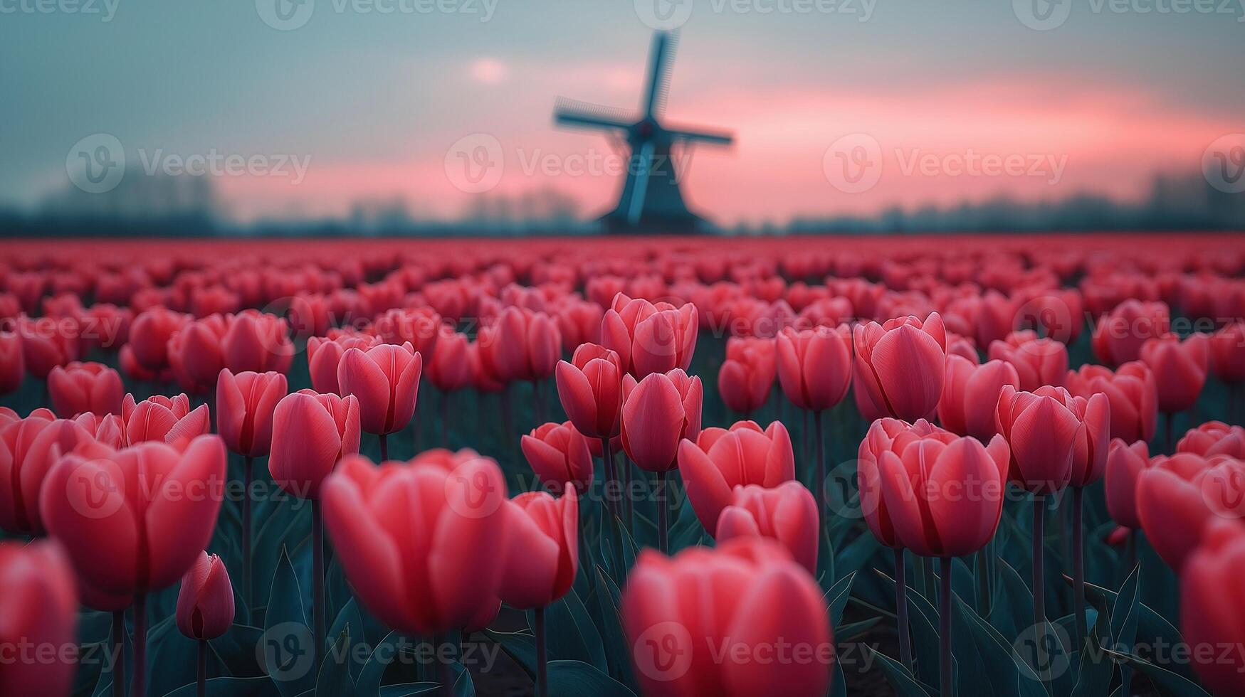 Stunning tulip field in deep pink hues with windmill at dusk image. Peaceful countryside blooming photography scene. Scenic Holland. Dutch landscape concept photorealistic photo