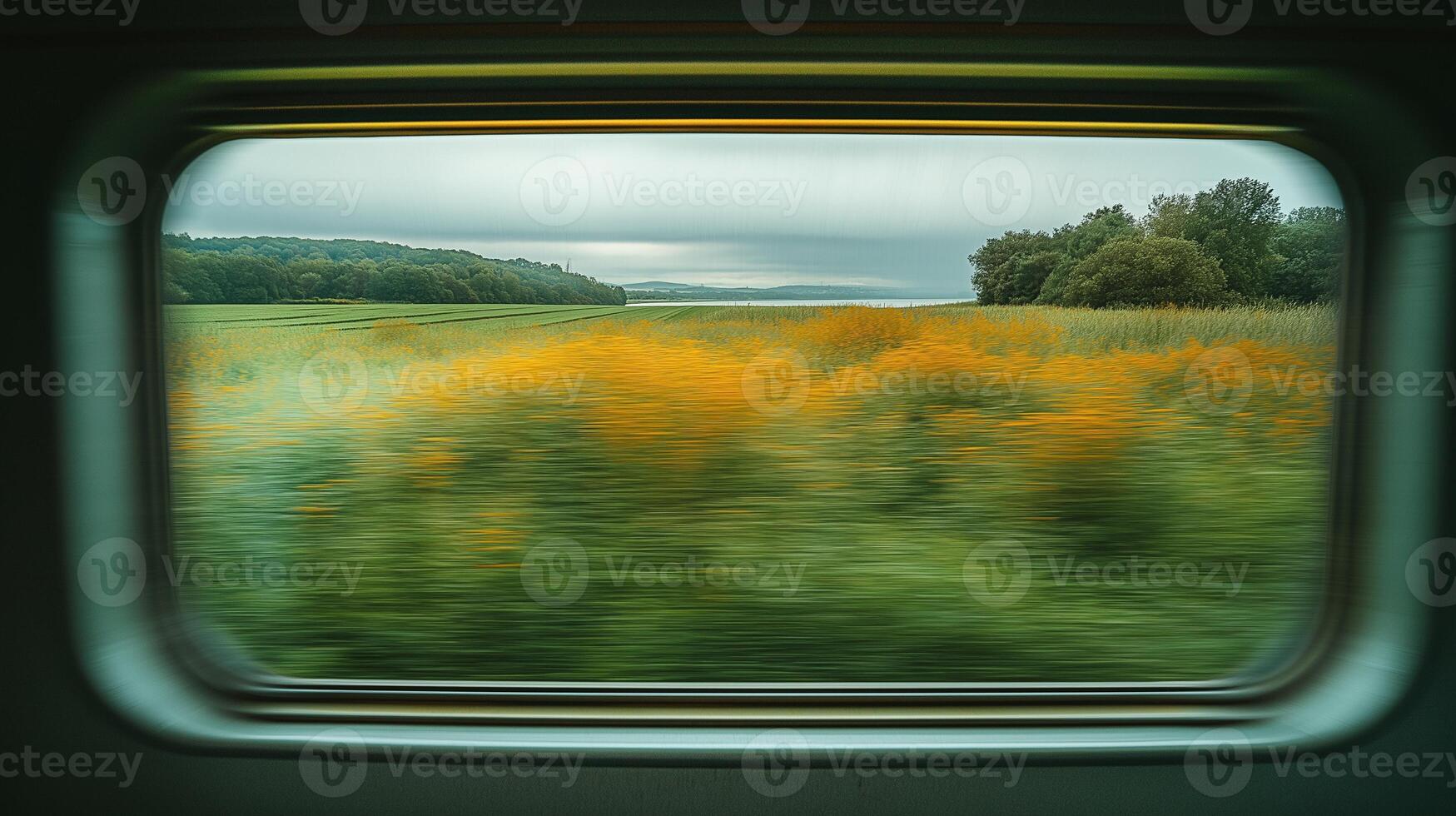 Motion blur of lush greenery rural field from train window image. Fast moving countryside landscape travel photography scene wallpaper. Peaceful journey concept photorealistic photo