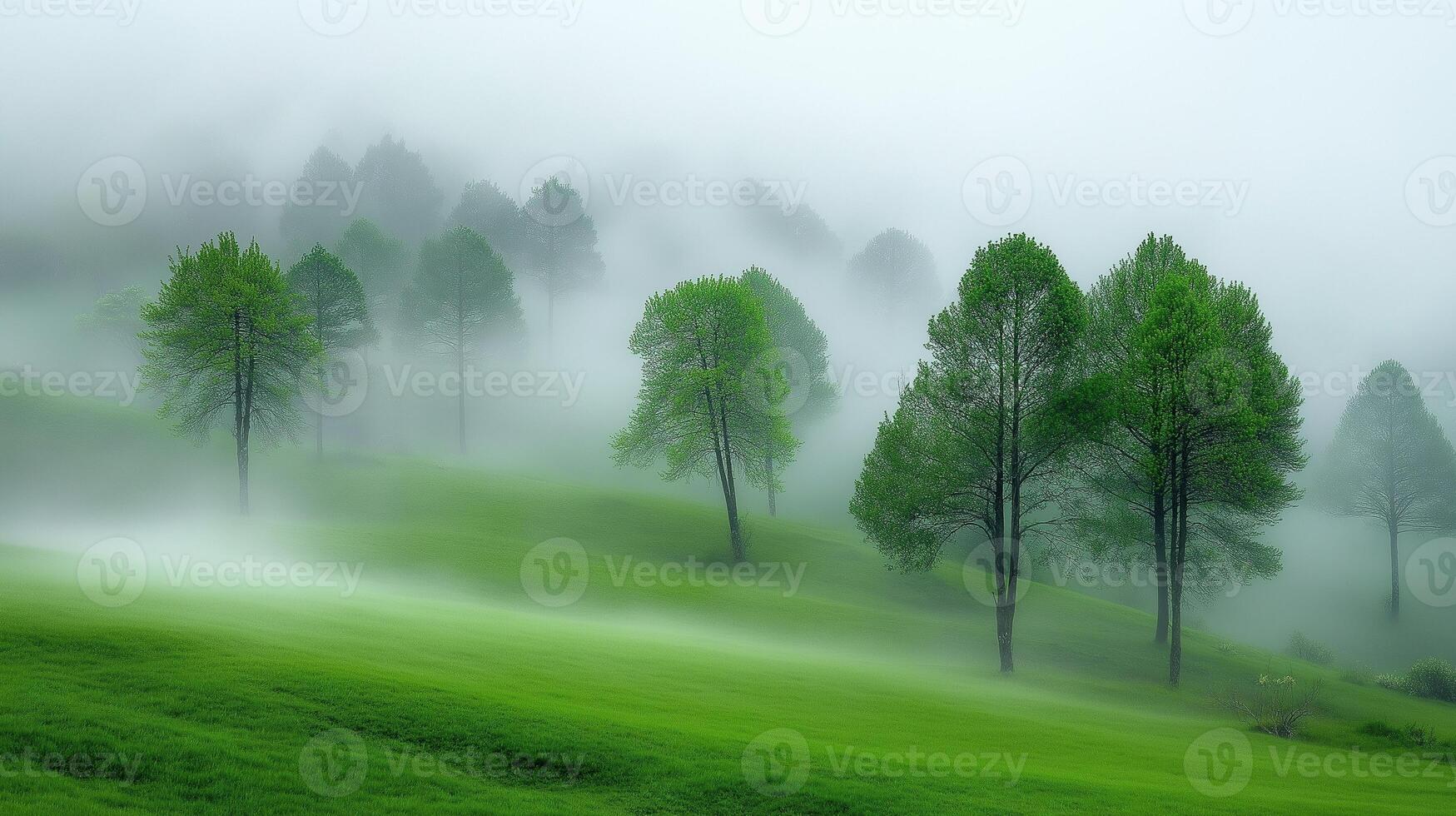 Misty meadow with scattered green trees image. Tranquil misty field. Serene foggy landscape photography scene wallpaper. Mist-covered grassland valley concept photorealistic photo