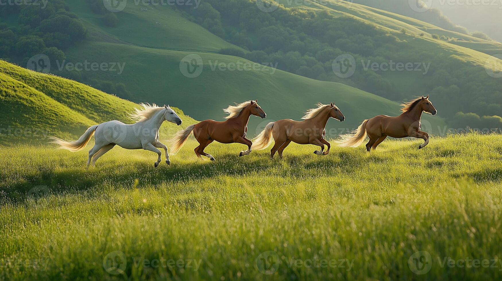 Four horses galloping through sunlit meadow image. Equestrian natural freedom photography scene wallpaper. Sunny rural mammals. Wild animals movement concept photorealistic photo