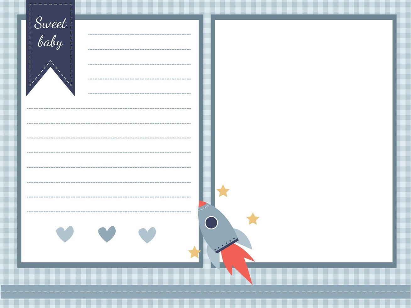 photo page template for a children's album with a space rocket moon and stars for a little boy vector