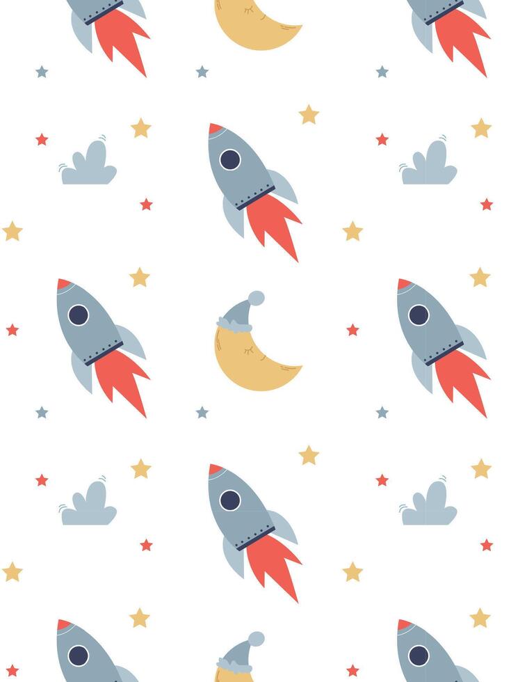 cute kids pattern with a rocket in space, stars and moon vector