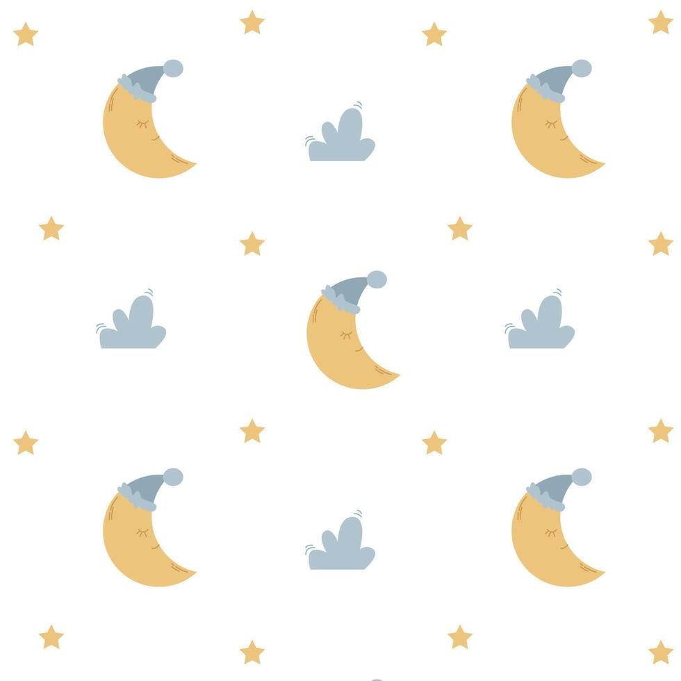 delicate children's pattern with a moon in a cap and stars on a white background vector