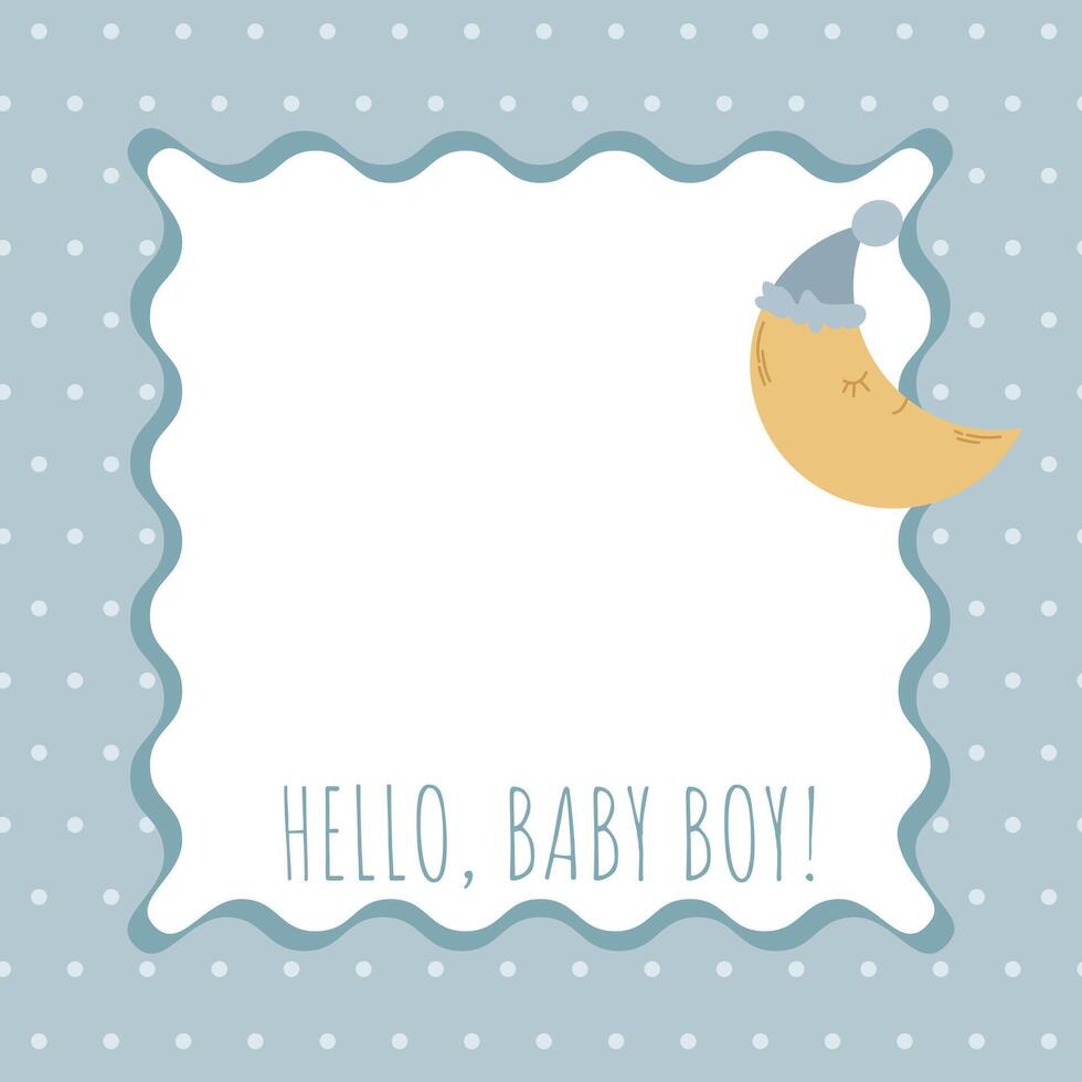 a page template for a baby album for a boy with a moon. Postcard for a boy vector