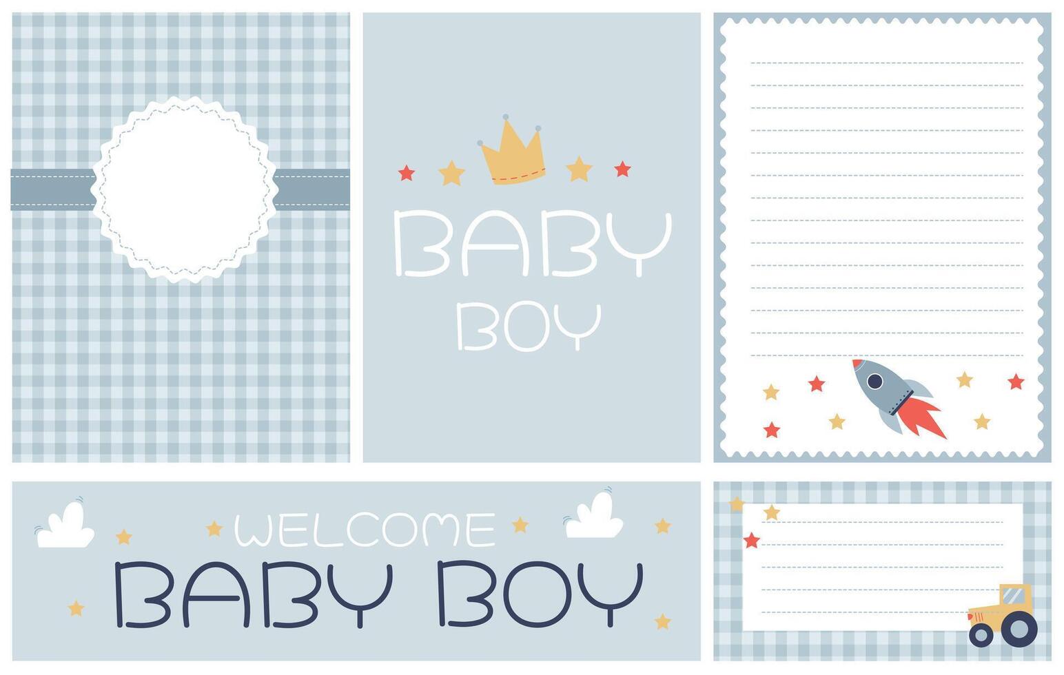 a set of elements with postcards, templates and a banner for a little boy in blue colors with a rocket, a crown and a tractor vector