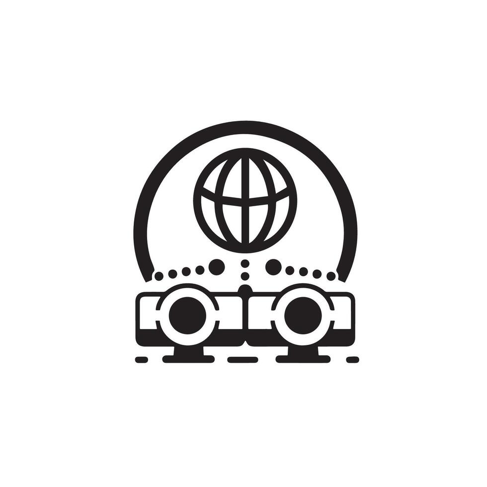 A black and white logo of a camera with a globe vector
