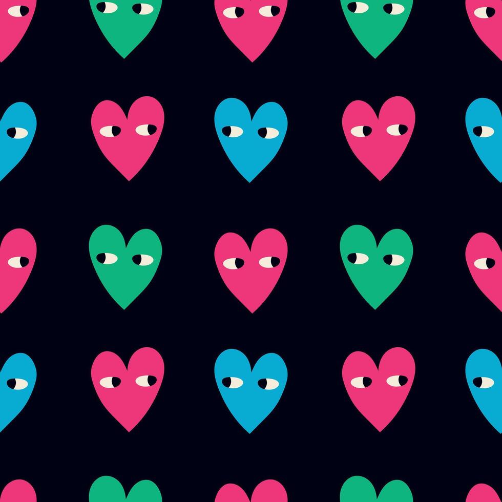 Valentine's day seamless pattern. Colored hearts with eyes on a black background. Modern illustration for your design vector