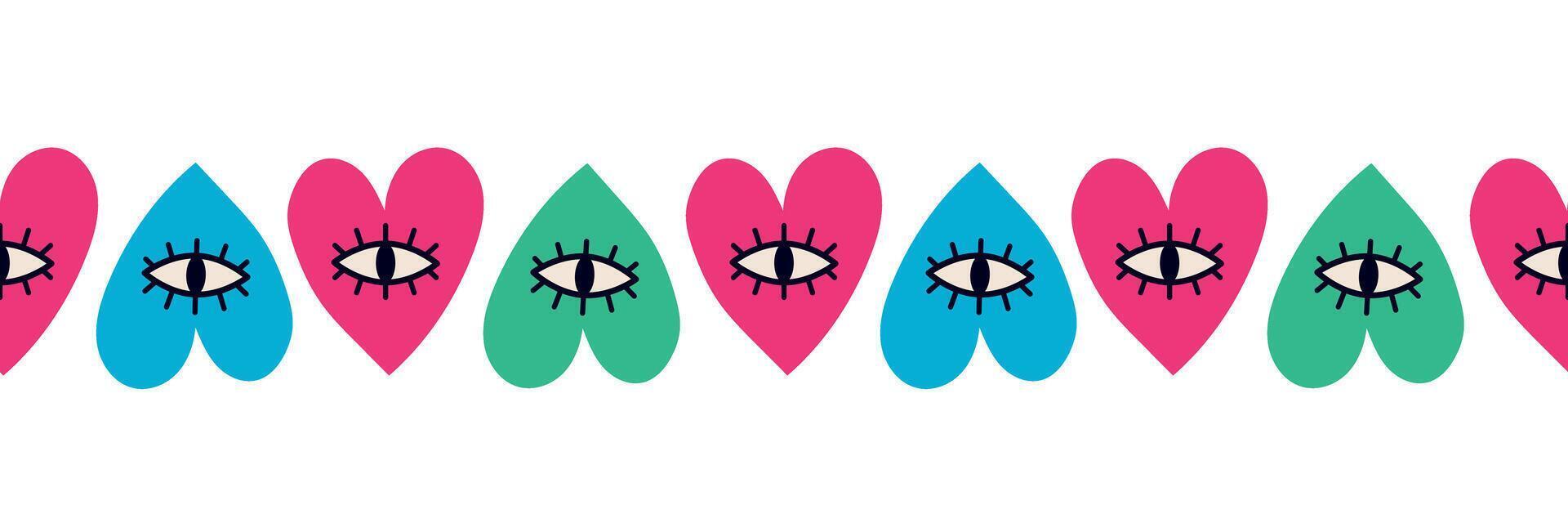 Valentine's day seamless border. Colored hearts with eyes. Modern illustration for holiday design vector