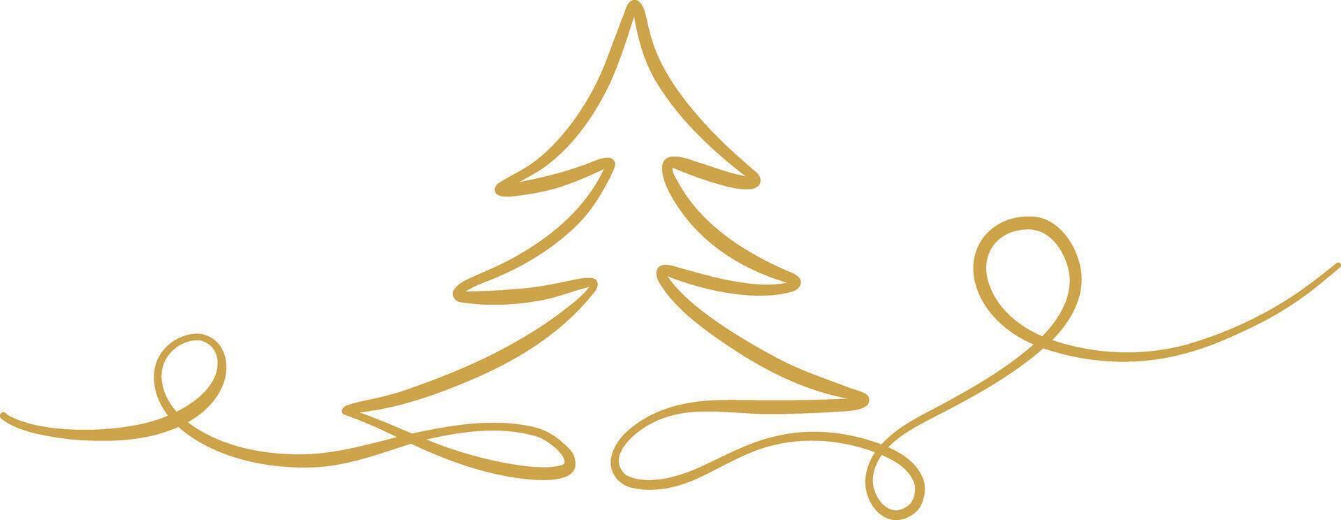 Gold Christmas tree line art ribbon illustration banner, clip art festive holiday pine decorative flourish, isolated vector