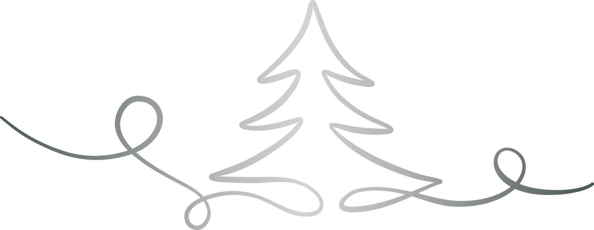 Silver Christmas tree ribbon swirl, pine illustration line art flourish, elegant decorative festive holiday clip art banner design isolated vector