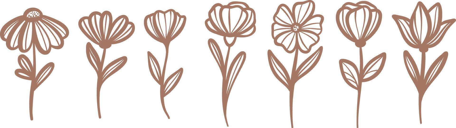Mocha brown line art floral doodles, hand drawn flower line art illustration set vector