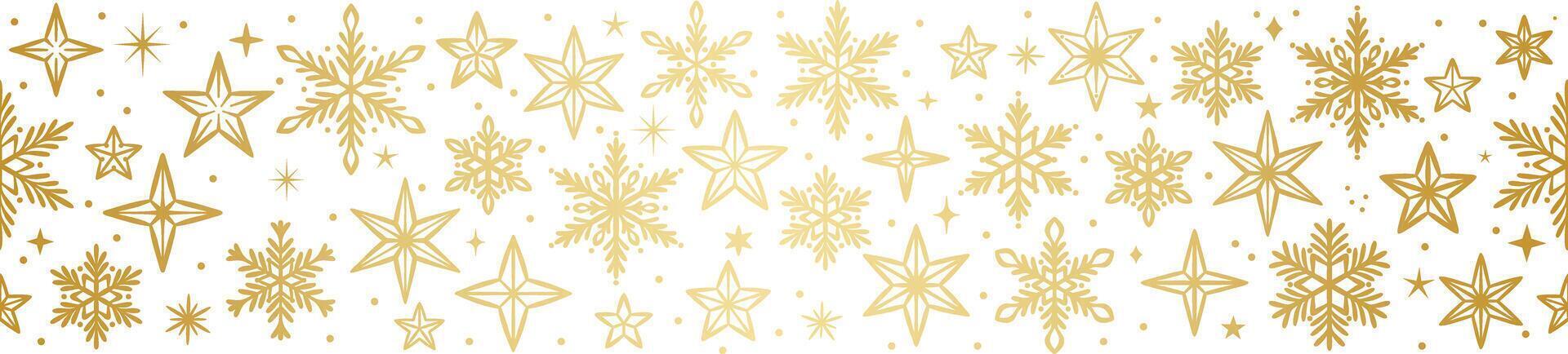Golden gradient metallic banner, seamless repeating festive winter holiday border with stars and snowflakes, isolated vector