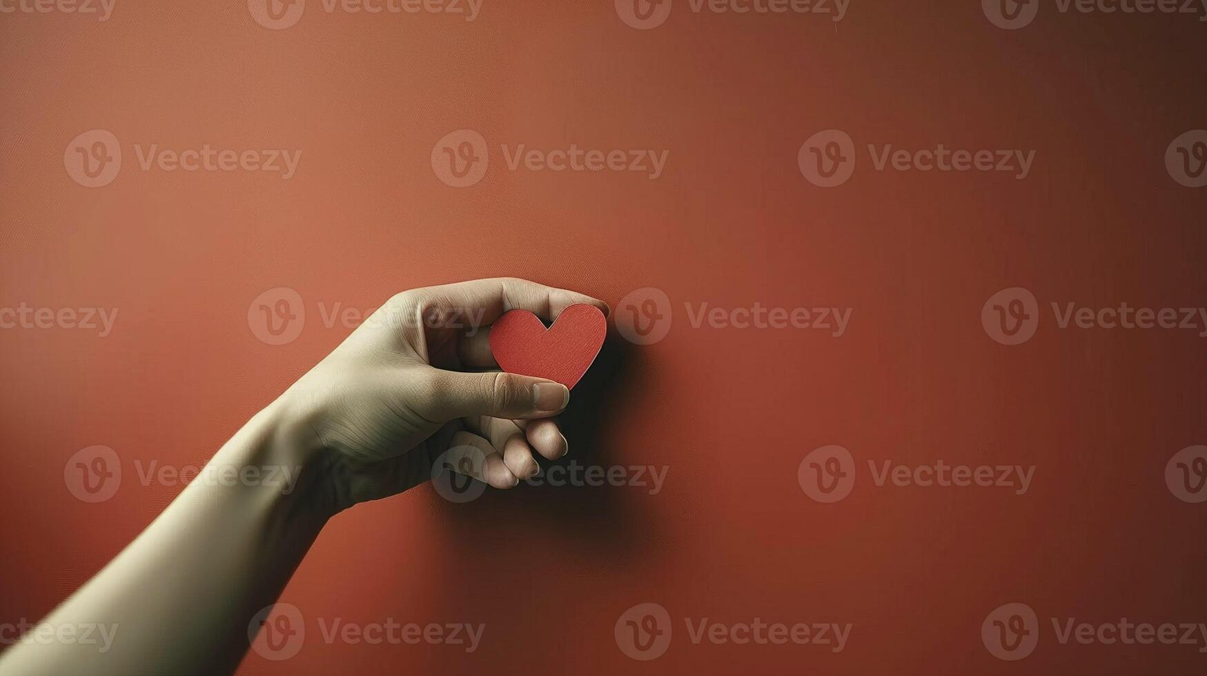 Hand gently holding red paper heart image copy space. Romantic theme, heartfelt message banner background. Tender emotion. Love, compassion and kindness concept photography copyspace photo