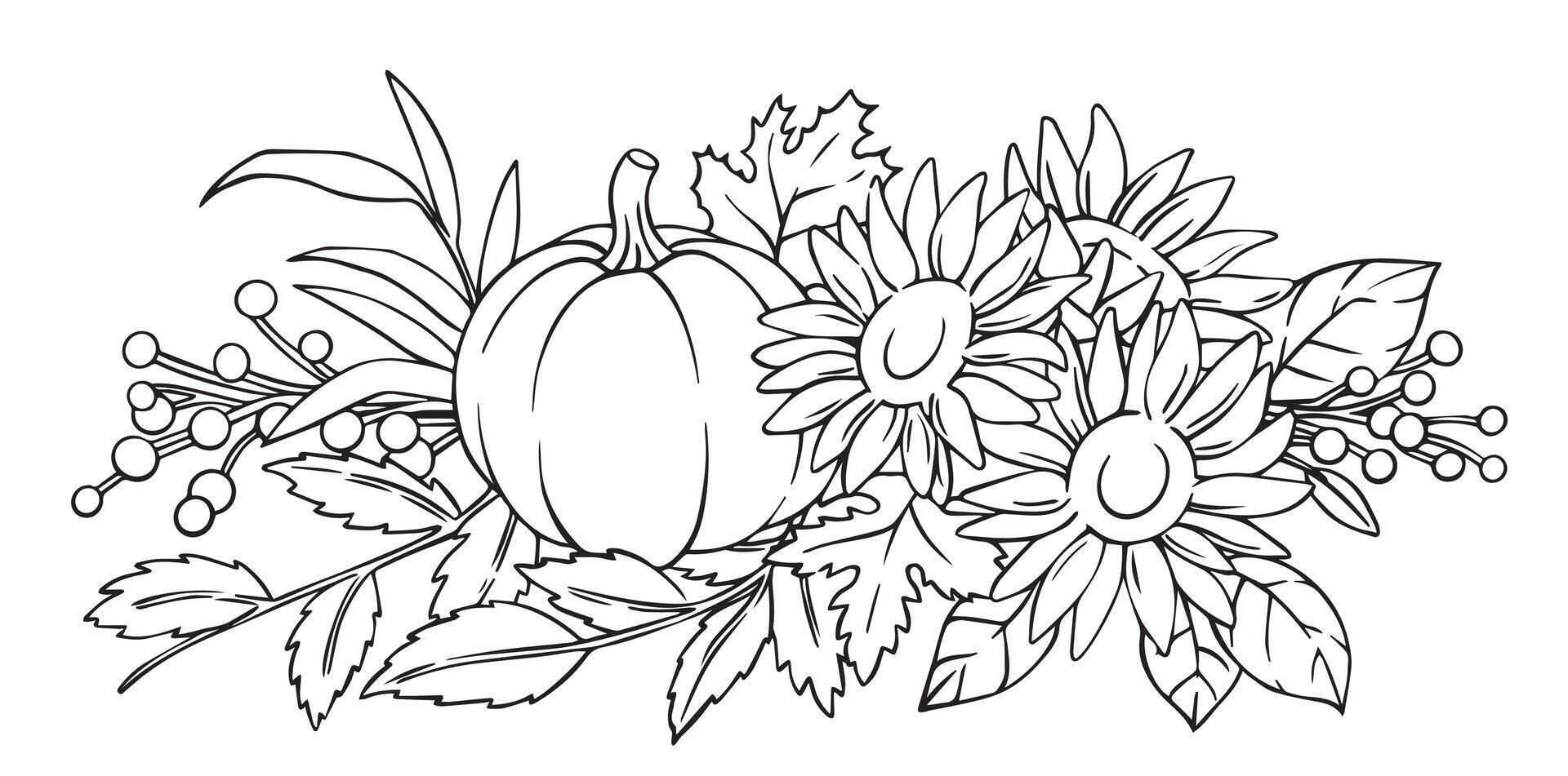 autumn composition of pumpkins and sunflowers in sketch style. Thanksgiving decoration, coloring book vector