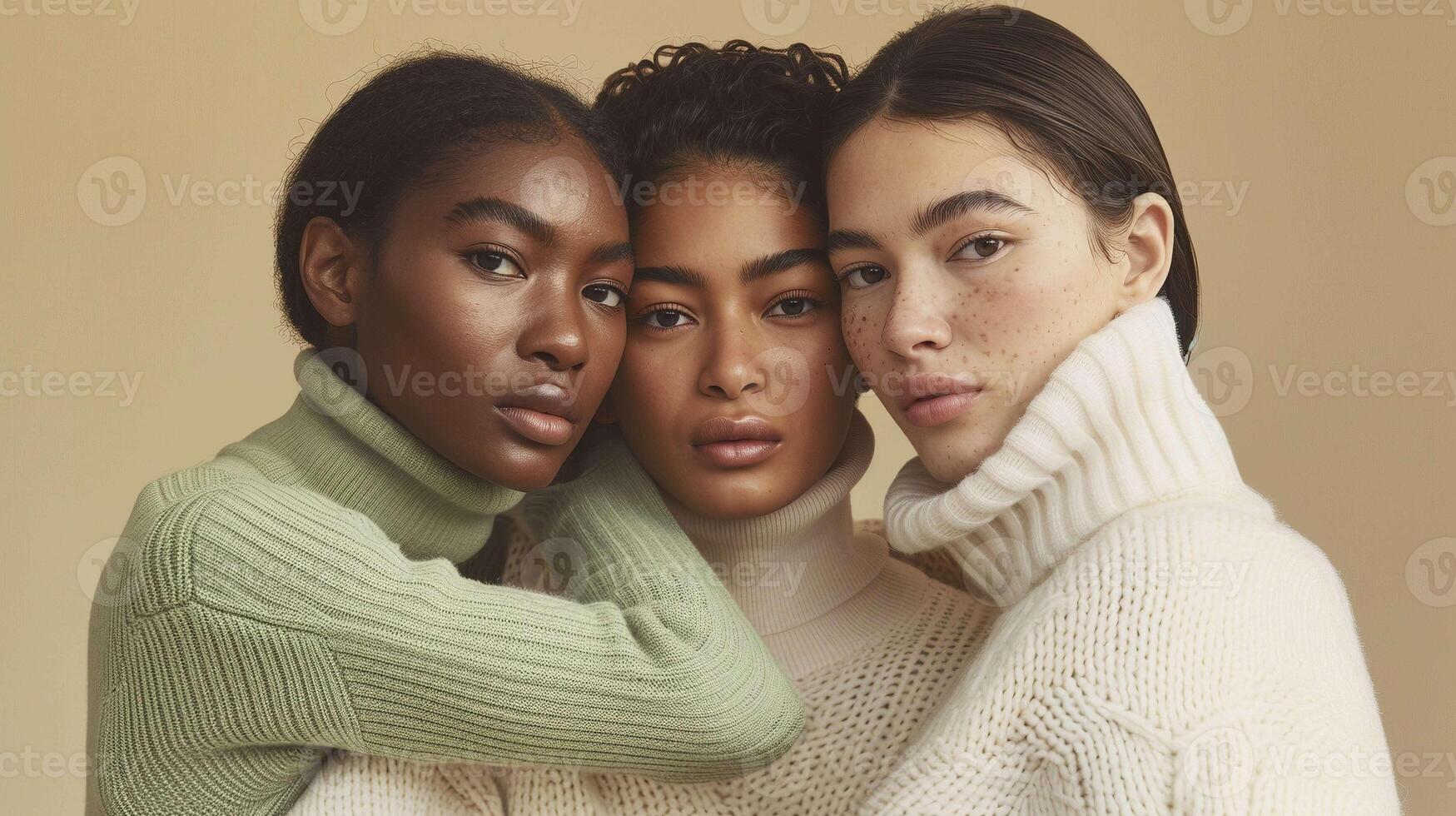 Three diverse women in warm turtleneck sweaters portrait image. Soft expressions and harmonious palette picture photorealistic photography. Female unity winter concept photo realistic
