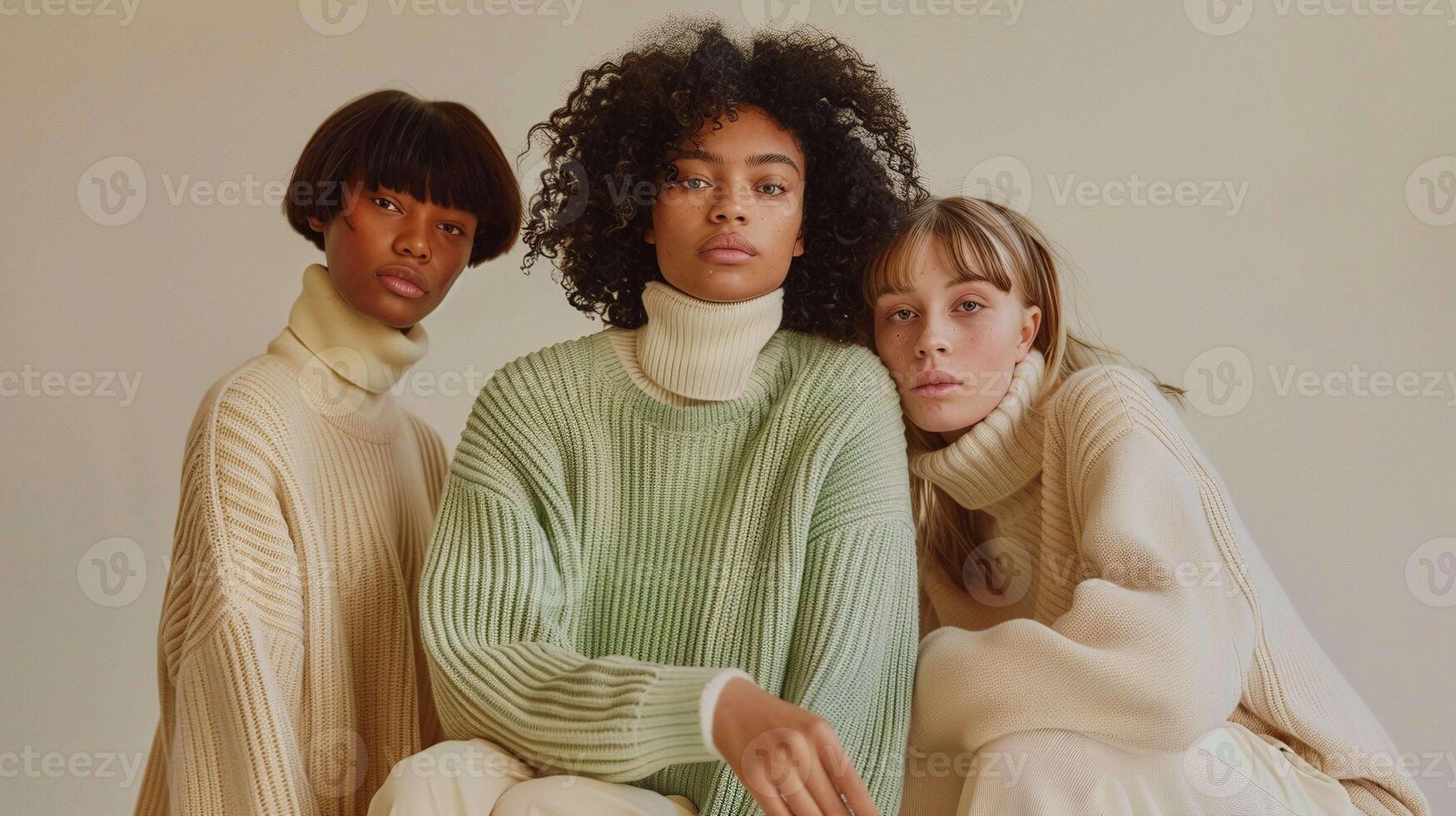 Three diverse women sit together wearing stylish turtleneck sweaters portrait image. Winter clothing picture photorealistic. Harmonious warm visual with relaxed elegance concept photo