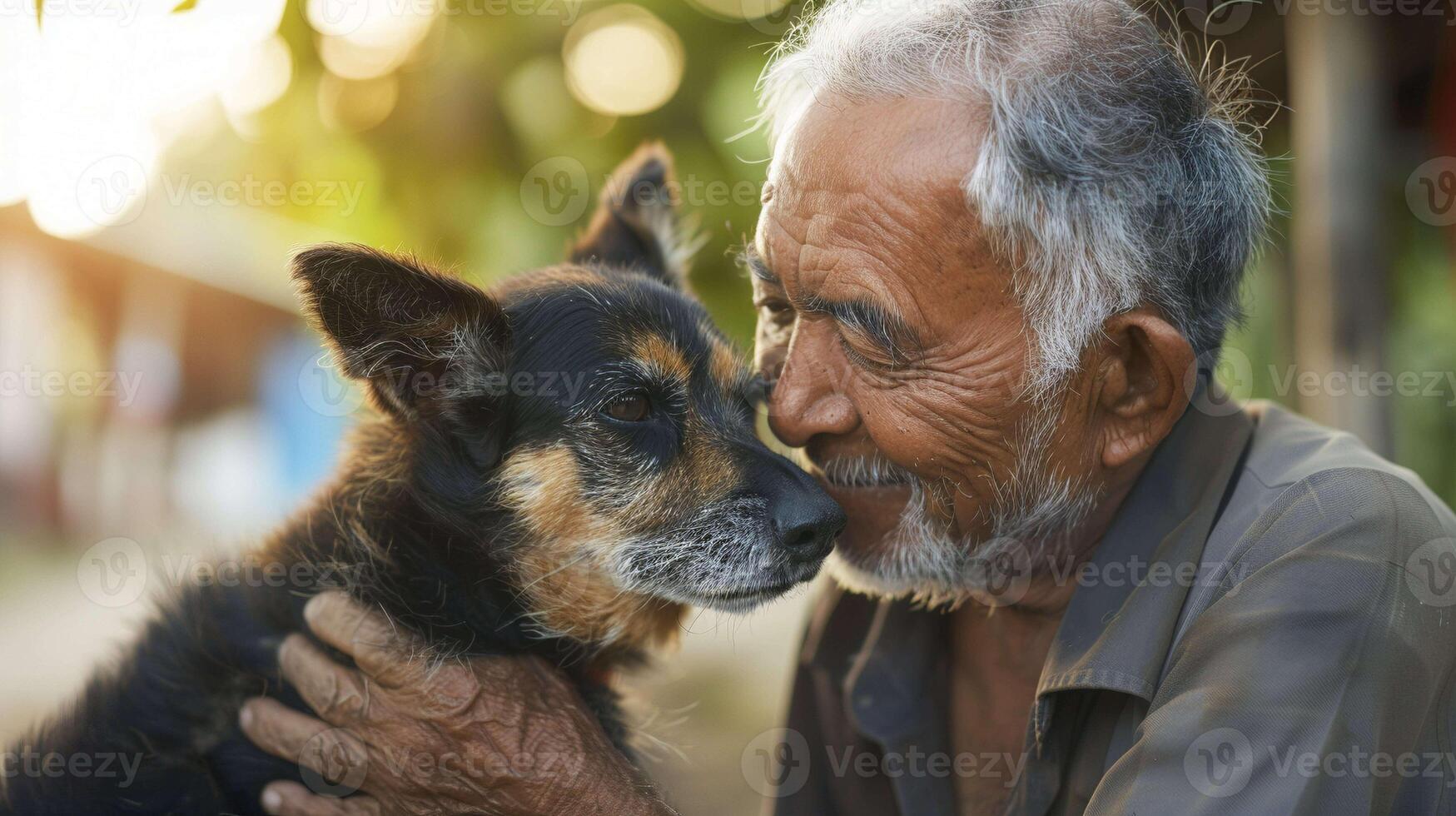Elderly man bonding with loyal dog closeup image. Lifelong friendship. Wrinkled smile. Furry companion tender connection close up photography. Emotional bond concept photo realistic
