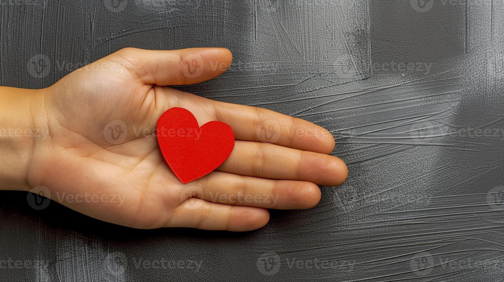 Human hand holds red paper heart against textured gray closeup image. Minimalistic composition close up photography. Love, kindness and human connection concept photo realistic