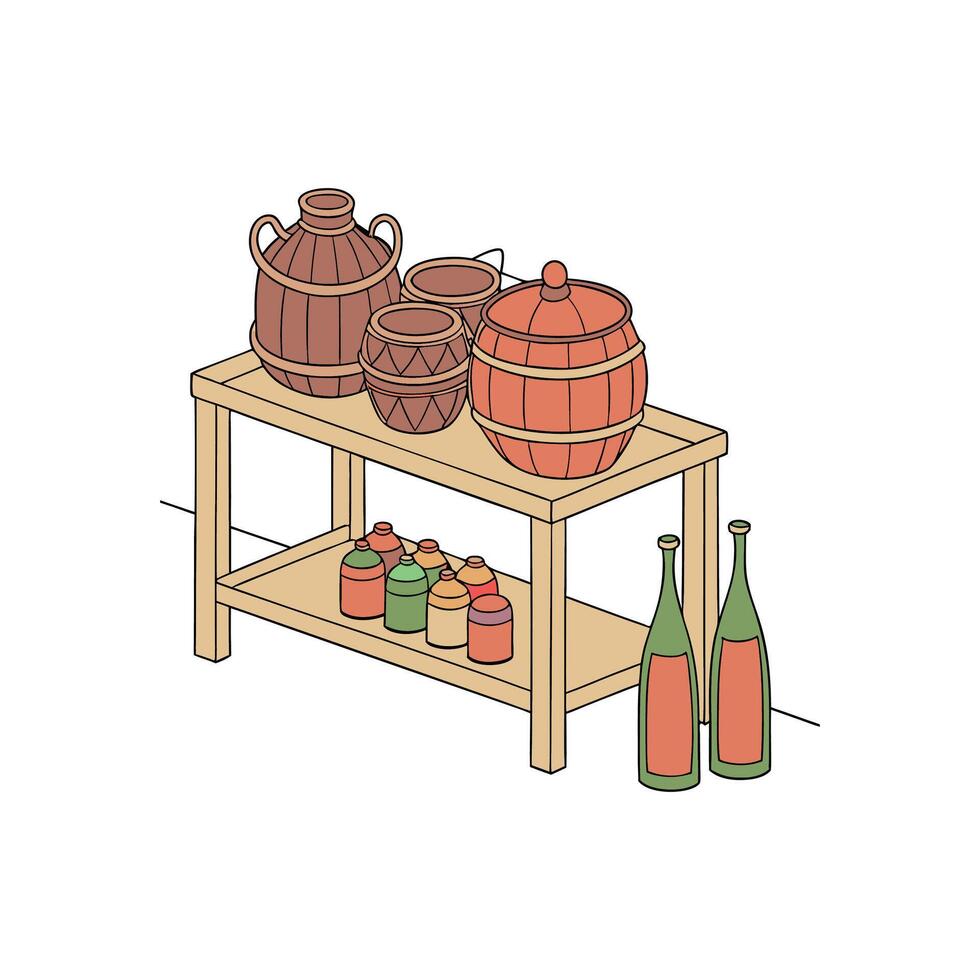 A wooden table with bottles and jars on it vector