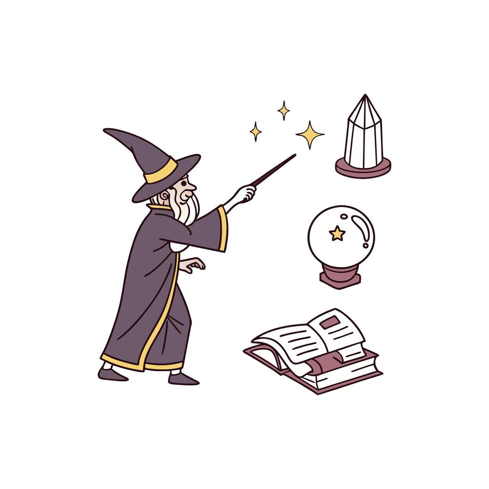 A wizard is holding a wand and a book vector