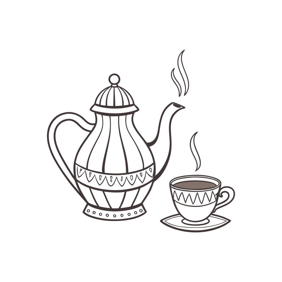 A black and white drawing of a teapot and cup vector