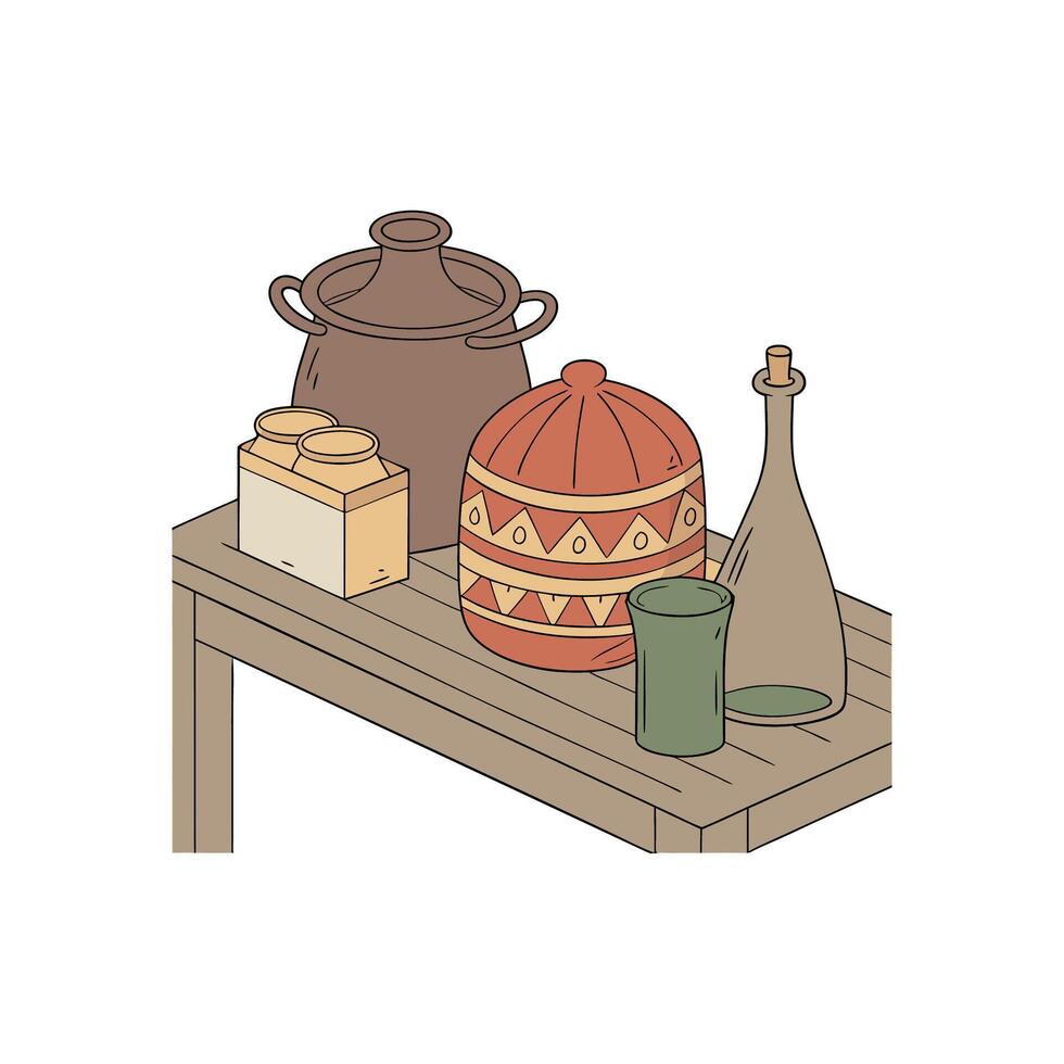 A wooden table with a pot, a jug and a bottle vector