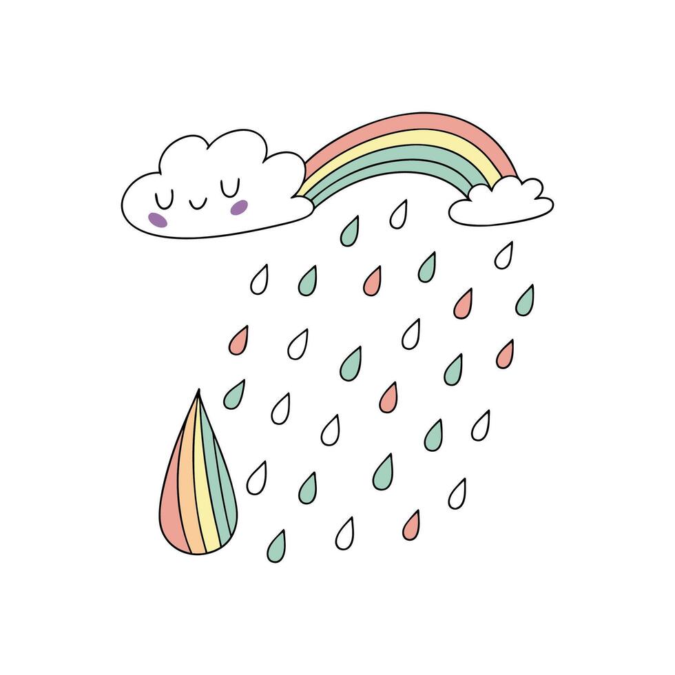 Rainbow and clouds with raindrops illustration vector