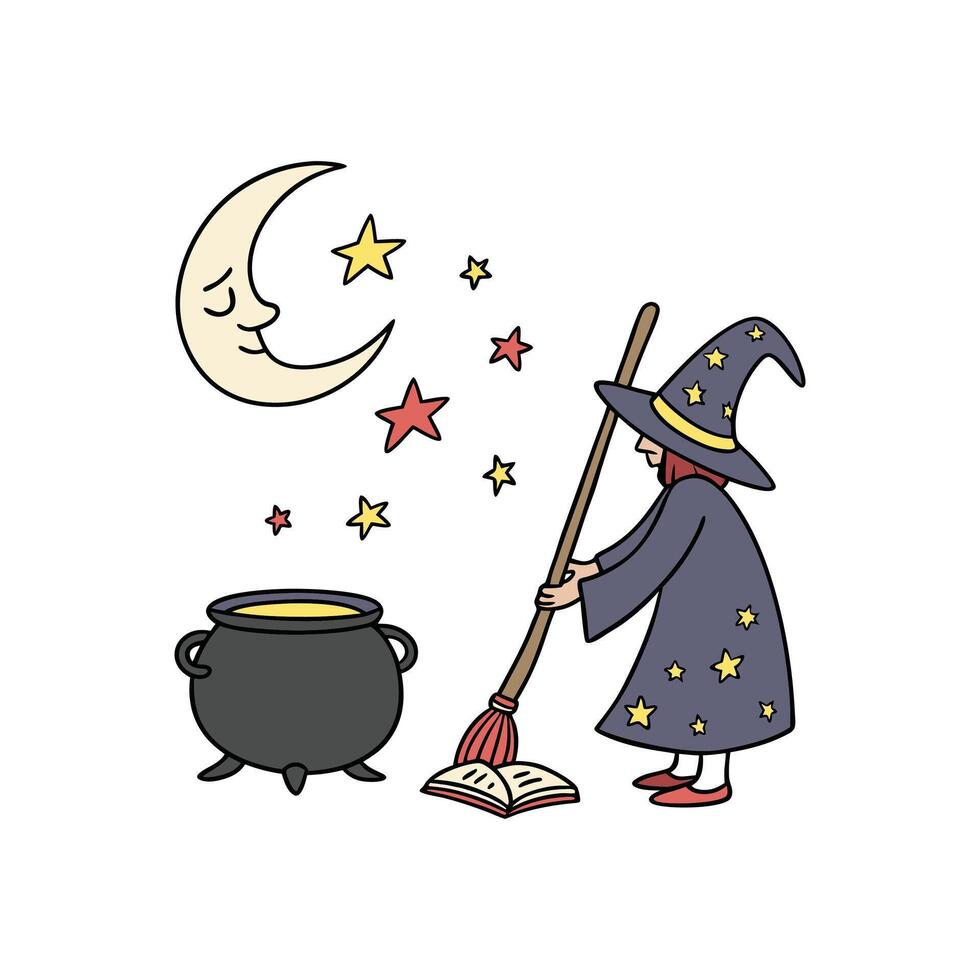 A cartoon witch is standing next to a pot of black magic vector