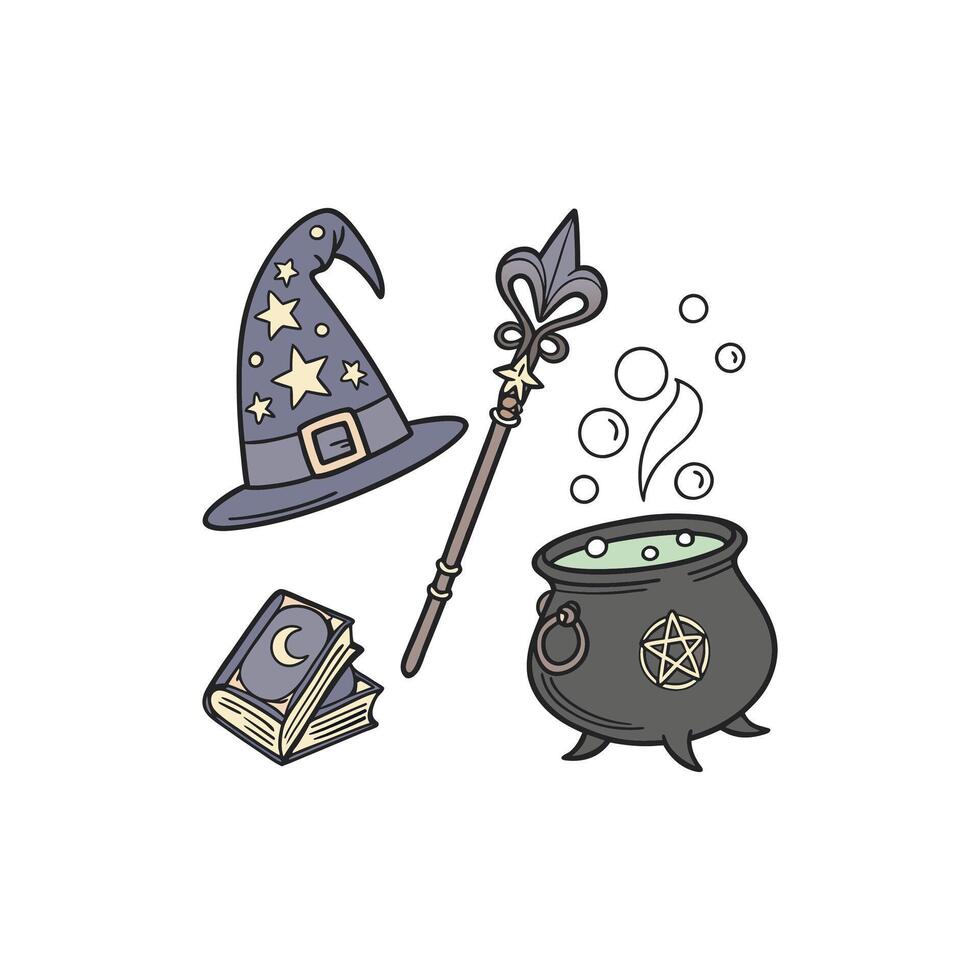 A witch hat, cauldron, and book are shown in this illustration vector