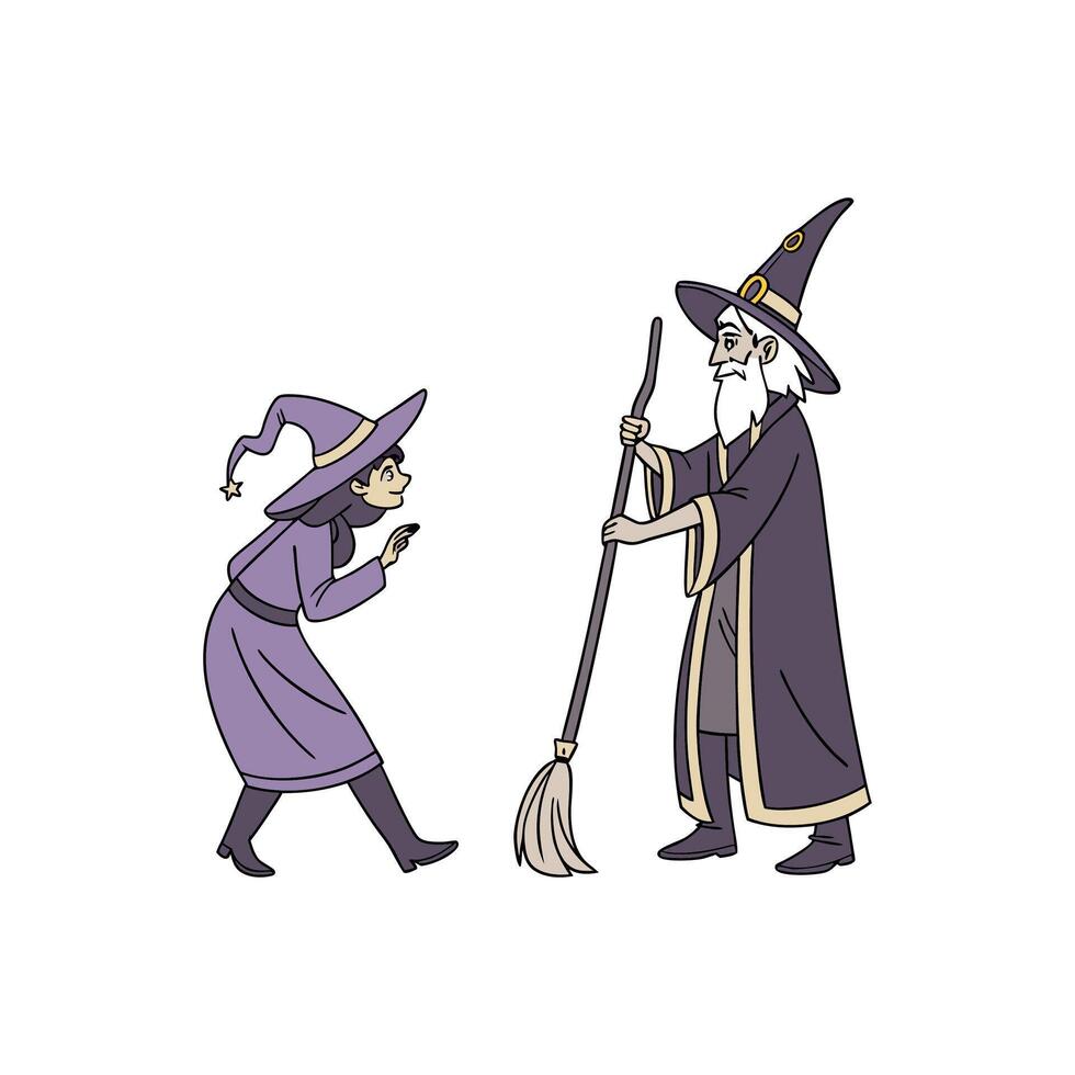 A cartoon witch and a wizard are standing next to each other vector