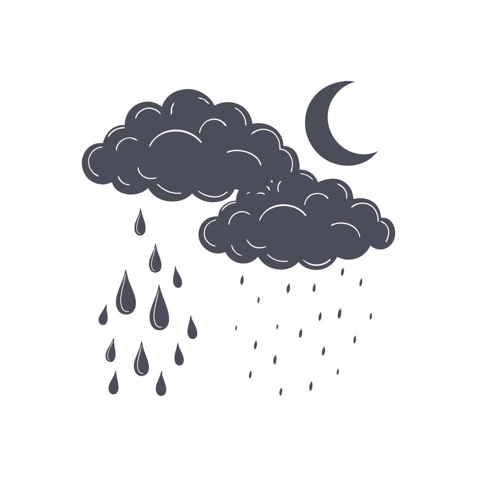 Rainy weather icon with clouds and moon illustration vector