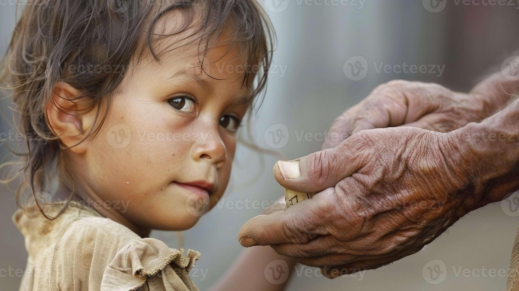 Elderly wrinkled hand gently holding thoughtful child closeup image. Grandparent grandchild close up photography. Generational connection and family bonding concept photo realistic