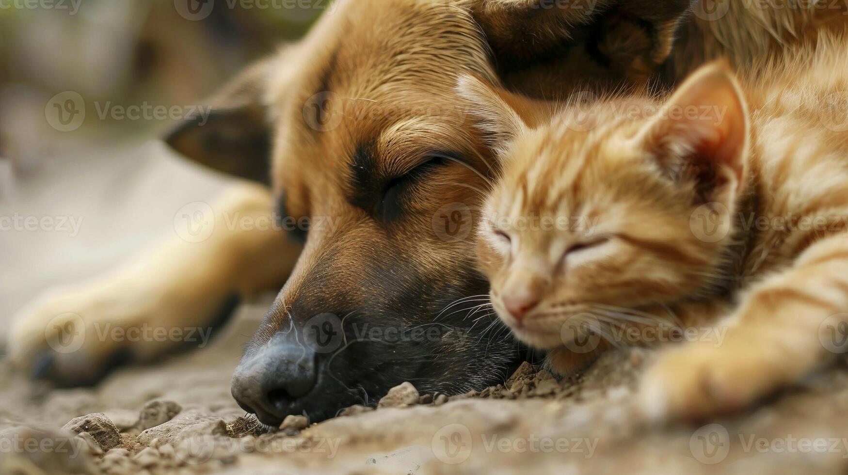 Dog and ginger cat sleeping peacefully together closeup image. Cozy animals side by side on ground close up photography. Canine feline companionship bonding concept photo realistic