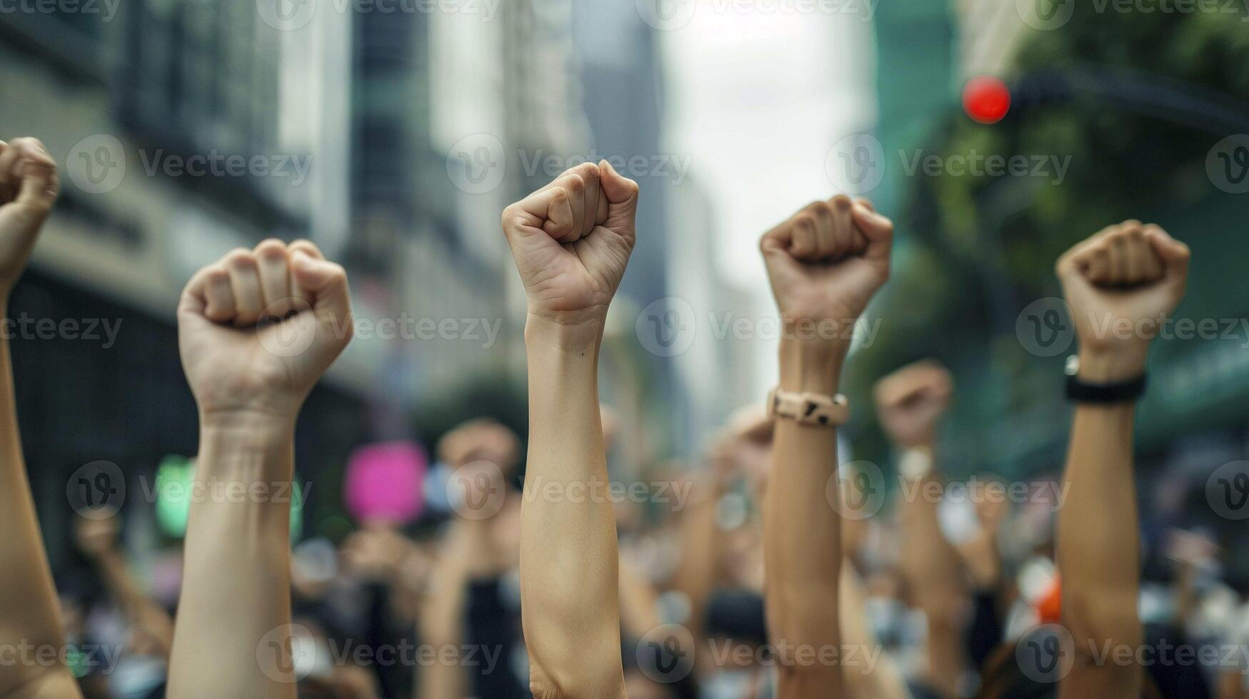Multiple hands with clenched fists raised high during protest in urban image. Demanding change photography scene. Solidarity, resistance, collective strength concept photorealistic photo