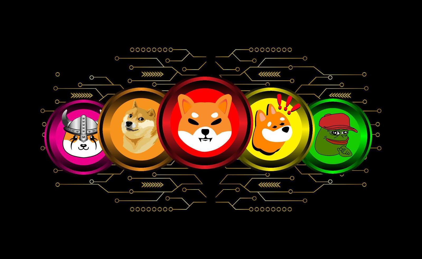 the best of meme coin crypto currency logo. dogecoin,shiba inu,floki inu, bonk coin, pepe coin vector