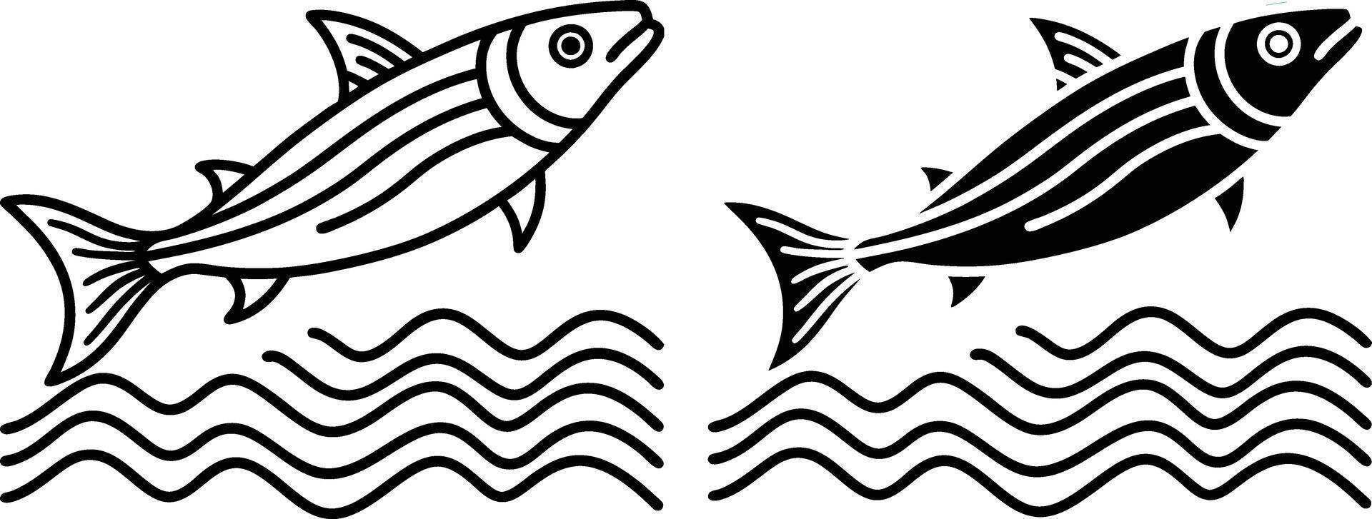 Striped Fish Leaping Ocean Waves Line Art Graphic Design vector