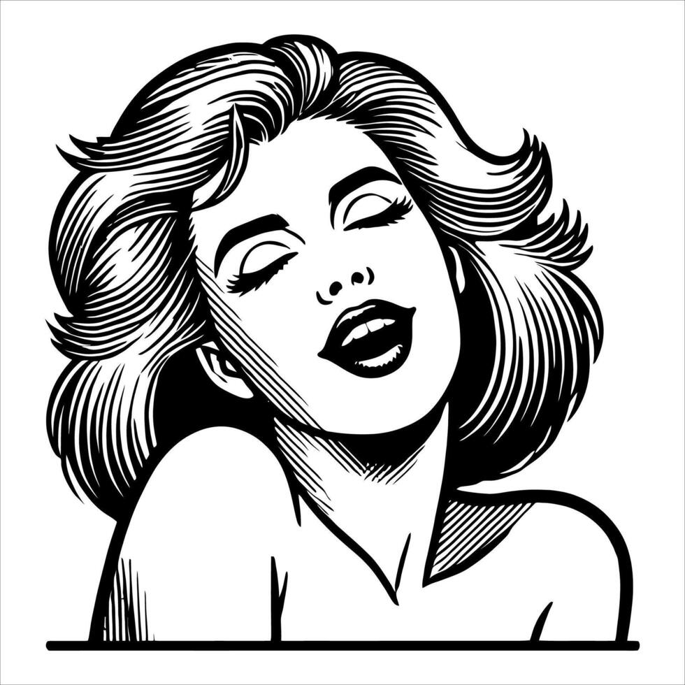 Joyful Woman in Retro Comic Style Black and White Line Art vector