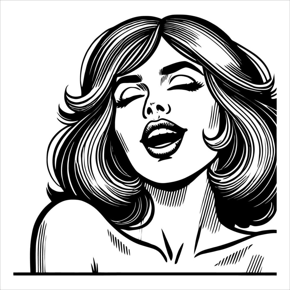 Clean Line Art of a Woman in Retro Comic Style Expressing Joy and Pleasure in Black and White vector
